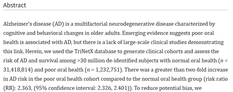 Link between Alzheimer's and deteriorating oral health